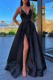 A Line V Neck Black Long Prom Dress SatinFormal Evening Dress With Pockets OK1280