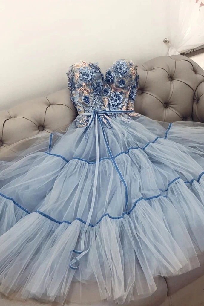 Blue Sweetheart Tulle Lace Appliques Long Prom Dress Evening Dress OKT74