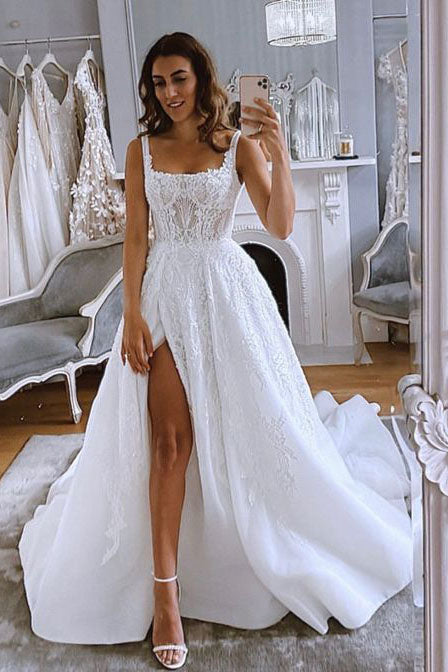Gorgeous A-line Spaghetti Straps Appliques Wedding Dress with Slit OKX24