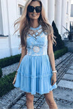 Elegant Jewel Short Cheap Light Blue Tulle Homecoming Party Dress with Lace OKO50