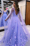 Lavender 3D Floral Lace Plunge V A-Line Prom Dress with Cape Sleeves Formal Evening Dress OK1899