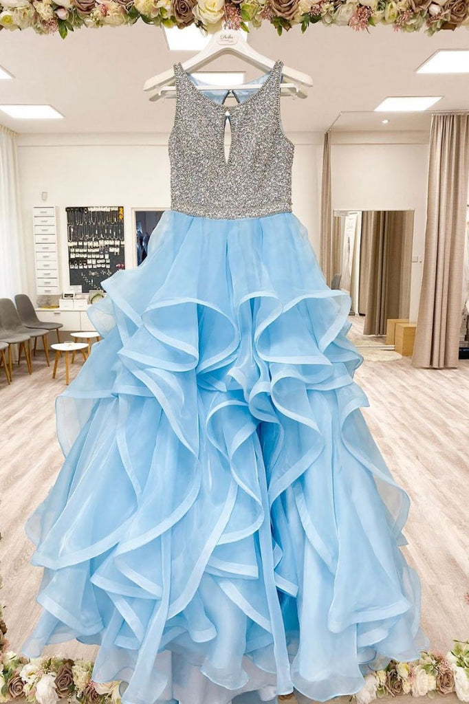 Sky Blue Round Neck Ruffles Long Prom Dress A-line Evening Dress OKS60