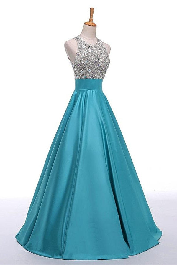 Light Blue Backless Beaded Long A-line Satin Classy Prom Dress K716