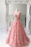 Princess A Line Floral Pink Cap Sleeves Long Prom Dresses OKK97