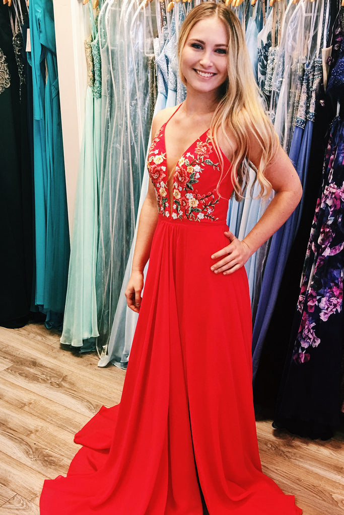 Simple Red White Chiffon Long Floral Prom Dresses with Side Slit OK964