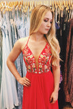 Pretty Red White Chiffon Long Floral Prom Dresses with Side Slit OK964