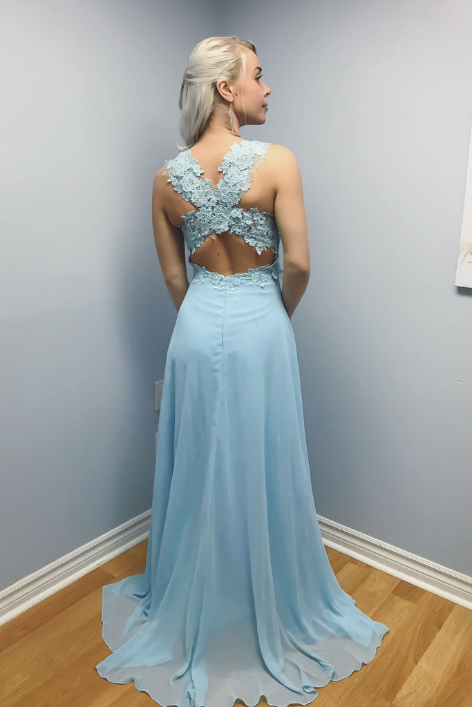Elegant A-line Blue Chiffon Long Lace Appliques Prom Dresses OKA9