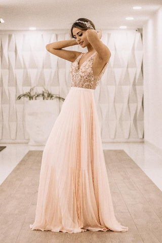 Pearl Pink V Back Appliques Long Prom Evening Dresses OKK74