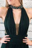 Elegant Dark Green Chiffon Split Long Prom Dresses With Beads OKK90