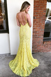 Spaghetti Straps Mermaid Yellow Lace Long Prom Dresses with Slit OKL93