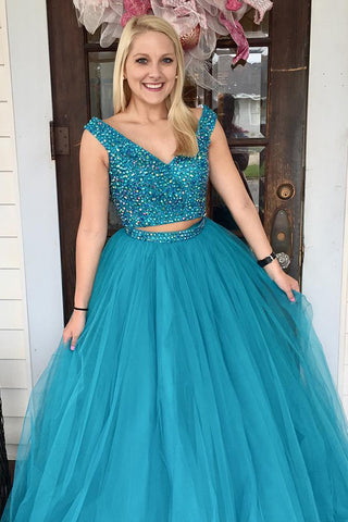 Two Piece Turquoise Beaded A Line Tulle Prom Dresses OKL2