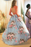Two Pieces Long Sleeves Prom Dress, Floral Print Prom Gown With Pockets OKK32