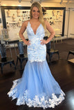 Mermaid V-Neck Tulle Long Prom Dresses with Lace Appliques OKK81