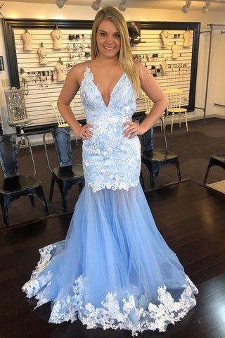 Mermaid V-Neck Tulle Long Prom Dresses with Lace Appliques OKK81