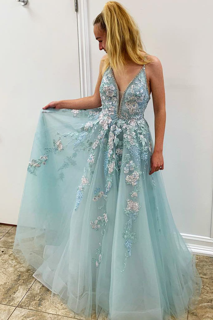 Spaghetti Straps Floral Appliques Long Prom Dresses With Beading OKK77