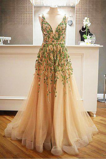 Criss Cross Back Appliqued Tulle Prom Dresses with Ribbon OKL98