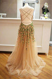 Criss Cross Back Appliqued Tulle Prom Dresses with Ribbon OKL98