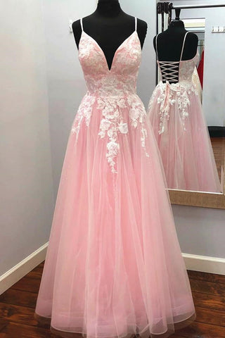 V-neck A Line Tulle Long Prom Dress Long with Appliques and Beading OK1603