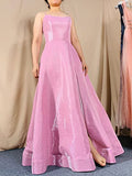 Pink Spaghetti Straps Long A-line Long Prom Dress with Pockets Slit OKY44