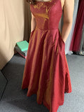 Burgundy Spaghetti Straps Long A-line Prom Dress with Pockets Slit OKY44
