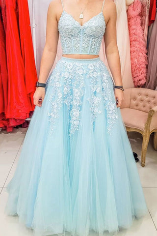 Light Blue Tulle Lace Appliques Two Pieces Long Prom Dress Formal A Line Evening Dress OK1175