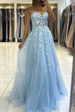 Sweetheart Light Blue Lace Appliques Tulle A-line Long Prom Dress OKY13