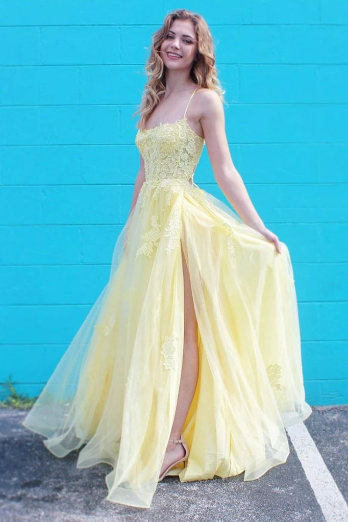 Yellow Spaghetti Straps Appliques Tulle A-line Prom Dress Evening Dress OKT73