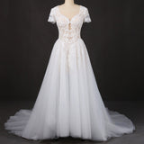 Off White A Line Short Sleeves Lace Appliques Wedding Dresses, Bridal Gown OKQ32