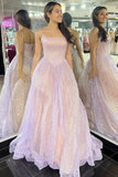Fairy-Tale Pink Spaghetti Straps A-Line Prom Dress Long Evening Dresses OK2017
