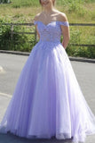Off Shoulder Lavender Lace Appliques Long Prom Dresses, A  Line Tulle Formal Evening Dresses OK1783
