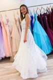 White V neck Tulle Sequina Long Prom Dresses A Line Evening Dress OKQ50