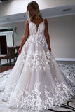 Charming Ball Gown V Neck Tulle Wedding Dress with Appliques N107