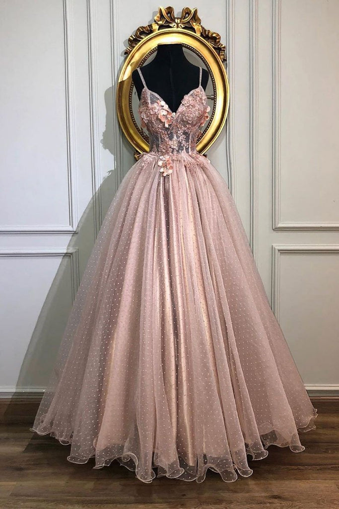 Pink Spaghetti Straps Tulle Appliques Long Prom Dress A-line Formal Party Dress OKS625