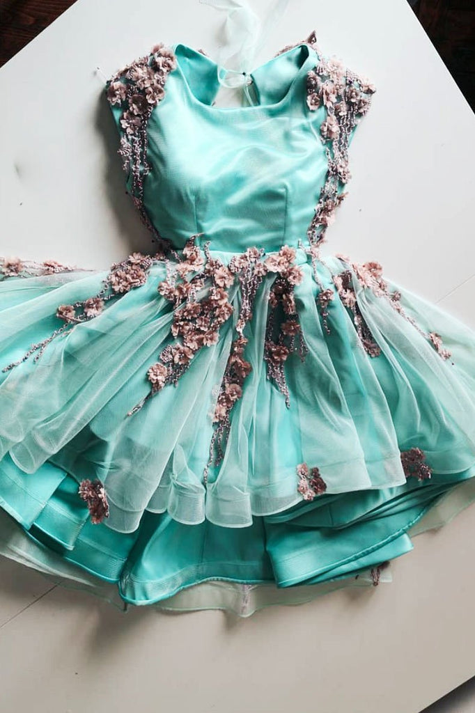 Green Tulle Lace Appliques Short Cute Homecoming Dresses OKP48