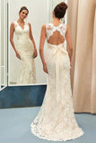 Charming Ivory V Neck Lace Sheath Open Back Wedding Dresses With Sashes OK545