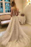 Vintage Rustic A-Line Tulle V Back Wedding Dress V Neck Lace Appliques Bridal Gown OKZ32
