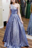 Blue One Shoulder A-line Long Prom Dress Formal Evening Dress OKT40
