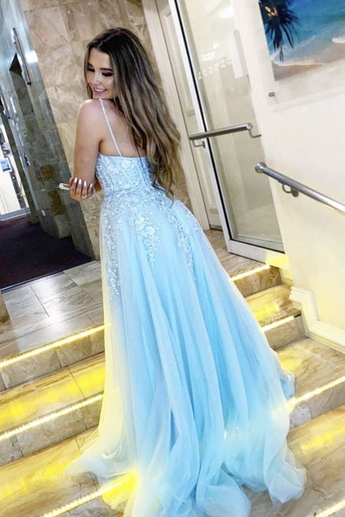 A Line V Neck Light Blue Lace Appliques Long Prom Dress Spaghrtti Straps Formal Evening Dress OKZ57