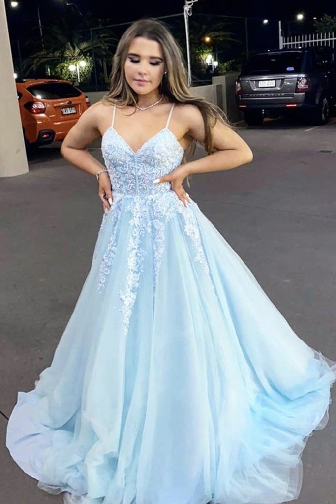 A Line V Neck Light Blue Lace Appliques Long Prom Dress Spaghrtti Straps Formal Evening Dress OKZ57