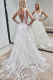 A-line V Neck Backless Off White Lace Appliques Wedding Dress With V Back OKX53