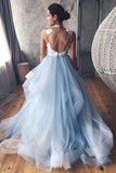 A Line V Neck Light Blue Long Prom Dresses with Lace Appliques, Formal Evening Dresses OK1666
