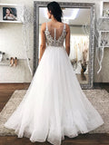 A Line Sheer V Neck Ivory Lace Long Bridal Dresses, White Lace Wedding Dresses OK1761