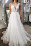 A Line Sheer V Neck Ivory Lace Long Bridal Dresses, White Lace Wedding Dresses OK1761