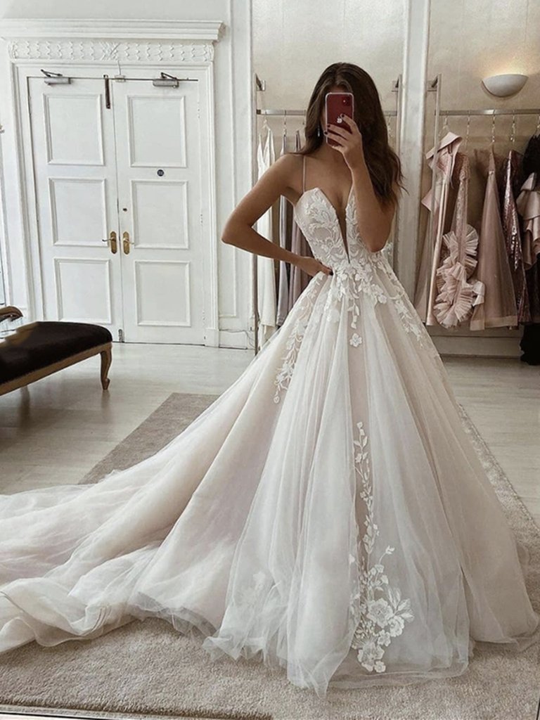 A Line Deep V Neck Ivory Lace Appliques Wedding Dress Chic Ivory Bridal Dress OKZ38