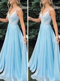 A-line V Neck Light Blue Beaded Prom Dress Long Formal Evening Dress OKX15