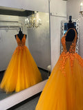 A-line Orange Tulle Lace Appliques Prom Dress Formal Evening Dress OKZ6
