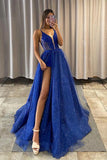 A Line V Neck Royal Blue Lace Prom Dresses, Formal Evening Dresses OK1915