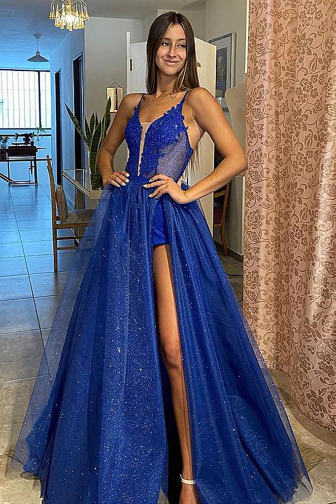A Line V Neck Royal Blue Lace Prom Dresses, Formal Evening Dresses OK1915