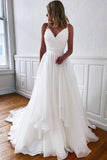A-line V Neck White Spaghetti Straps Simple Beach Wedding Dress OKX22