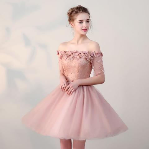 Chic Short Pearl Pink Off-the-shoulder Homecoming Dresses,Tulle Cheap Prom Dresses OK511